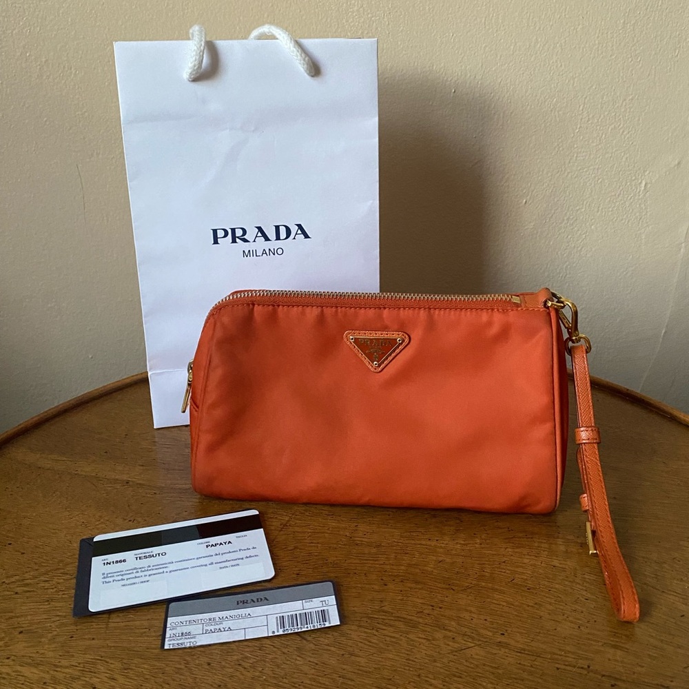 Prada Nylon Pouch with Strap in Papaya - Authentic 🧡